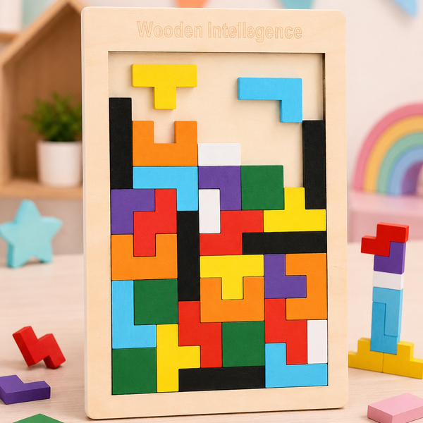 Montessori Wooden Tetris Puzzle Board | Brain Teaser Educational Toy for Kids | Color Matching & Shape Sorting Game