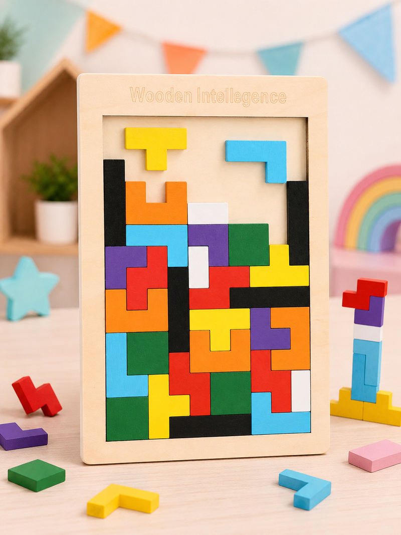 Montessori Wooden Tetris Puzzle Board | Brain Teaser Educational Toy for Kids | Color Matching & Shape Sorting Game