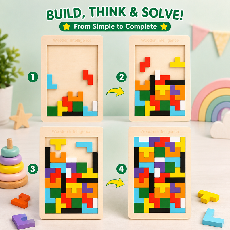 Montessori Wooden Tetris Puzzle Board | Brain Teaser Educational Toy for Kids | Color Matching & Shape Sorting Game