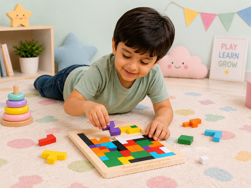 Montessori Wooden Tetris Puzzle Board | Brain Teaser Educational Toy for Kids | Color Matching & Shape Sorting Game