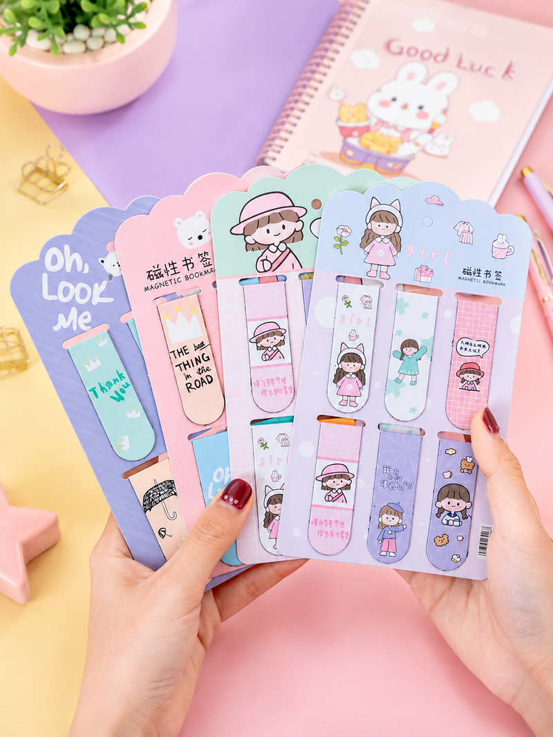 Cute Magnetic Bookmarks Set of 6 | Cartoon Page Markers for Books, Journals & Planners | Reusable Magnetic Book Clips
