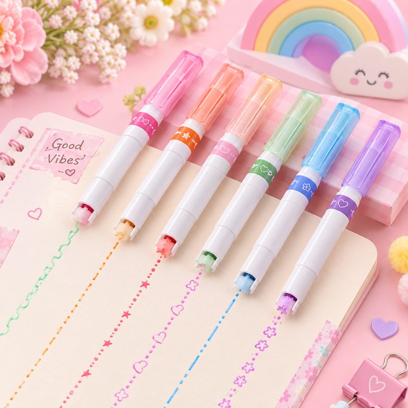 6 Color Decorative Roller Stamp Marker Pens Set | Pattern Line Highlighter Pens for Journaling, DIY Crafts & School Stationery
