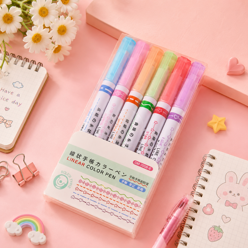 6 Color Decorative Roller Stamp Marker Pens Set | Pattern Line Highlighter Pens for Journaling, DIY Crafts & School Stationery
