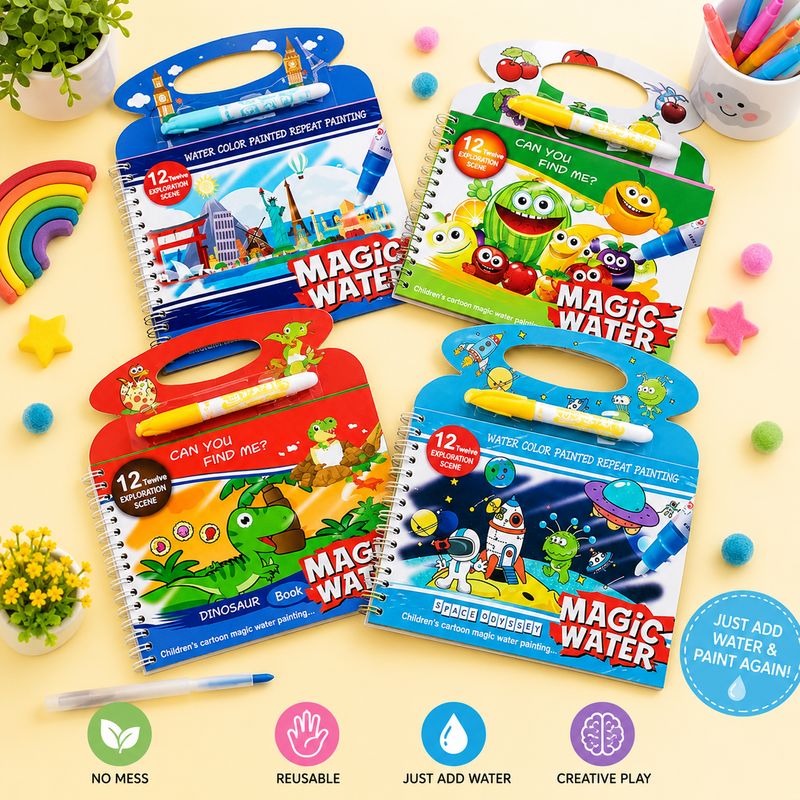 Magic Water Coloring Book for Kids with Refillable Water Pen | Reusable Mess-Free Painting Book | Educational Travel Activity Toy