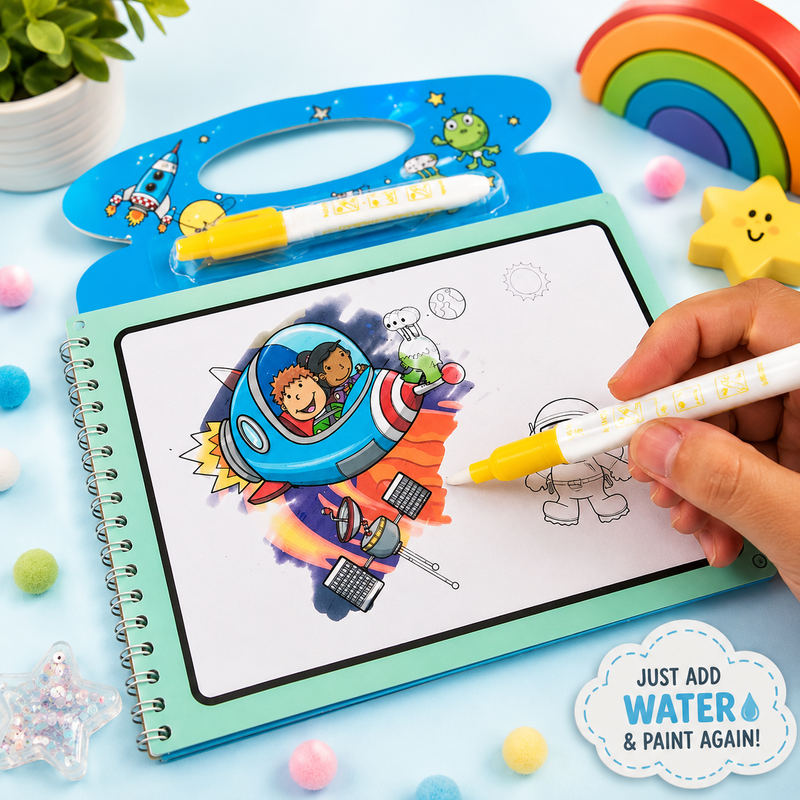 Magic Water Coloring Book for Kids with Refillable Water Pen | Reusable Mess-Free Painting Book | Educational Travel Activity Toy