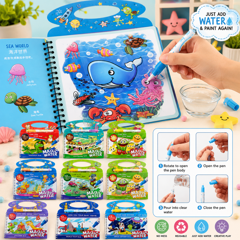 Magic Water Coloring Book for Kids with Refillable Water Pen | Reusable Mess-Free Painting Book | Educational Travel Activity Toy