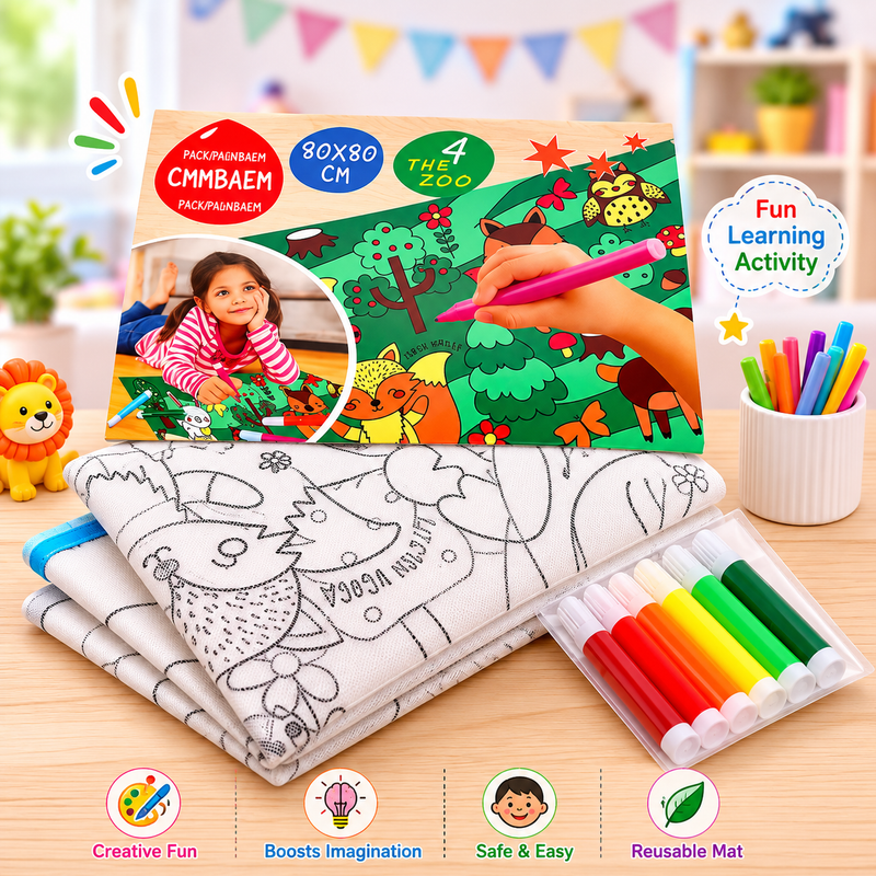 Reusable Washable Kids Coloring Mat with 6 Washable Markers | 80 x 80 cm Educational Drawing Activity Mat