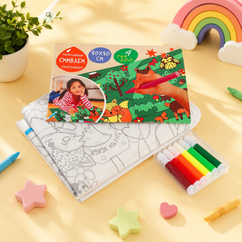 Reusable Washable Kids Coloring Mat with 6 Washable Markers | 80 x 80 cm Educational Drawing Activity Mat