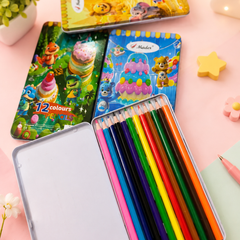 12 Colours Metal Colour Pencil Set for Kids | Premium Wooden Colouring Pencils in Metal Storage Box | Smooth Drawing & School Art Supplies