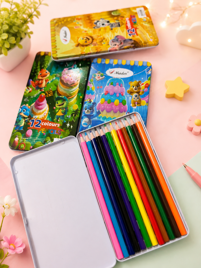 12 Colours Metal Colour Pencil Set for Kids | Premium Wooden Colouring Pencils in Metal Storage Box | Smooth Drawing & School Art Supplies