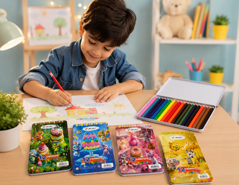 12 Colours Metal Colour Pencil Set for Kids | Premium Wooden Colouring Pencils in Metal Storage Box | Smooth Drawing & School Art Supplies