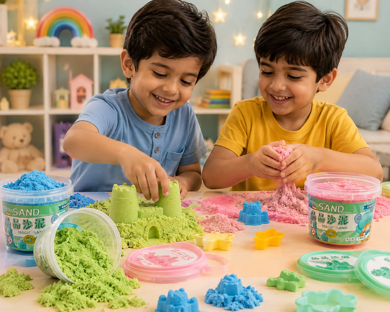 Kids Magic Sand Bucket – Soft Kinetic Sensory Play Sand with Bucket & Handle | Creative DIY Moulding Toy (3+ Years)
