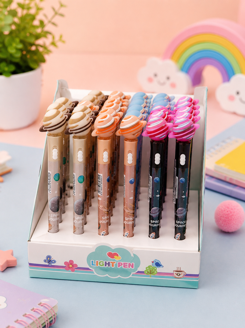 Space Journey Planet LED Light Ball Pen | Cute Planet Top Pen with Flashing Light | Smooth Writing Gel Pen for Kids, School & Gift