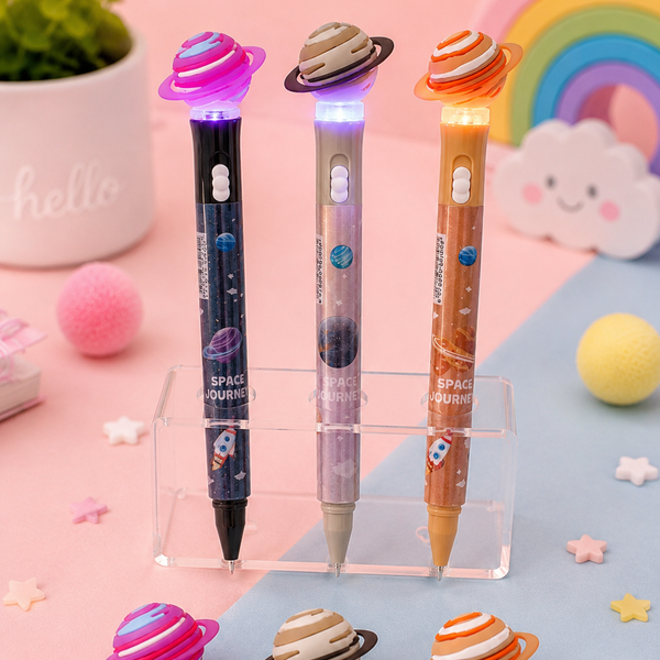 Space Journey Planet LED Light Ball Pen | Cute Planet Top Pen with Flashing Light | Smooth Writing Gel Pen for Kids, School & Gift