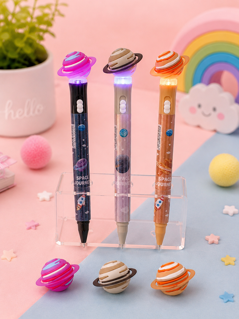 Space Journey Planet LED Light Ball Pen | Cute Planet Top Pen with Flashing Light | Smooth Writing Gel Pen for Kids, School & Gift