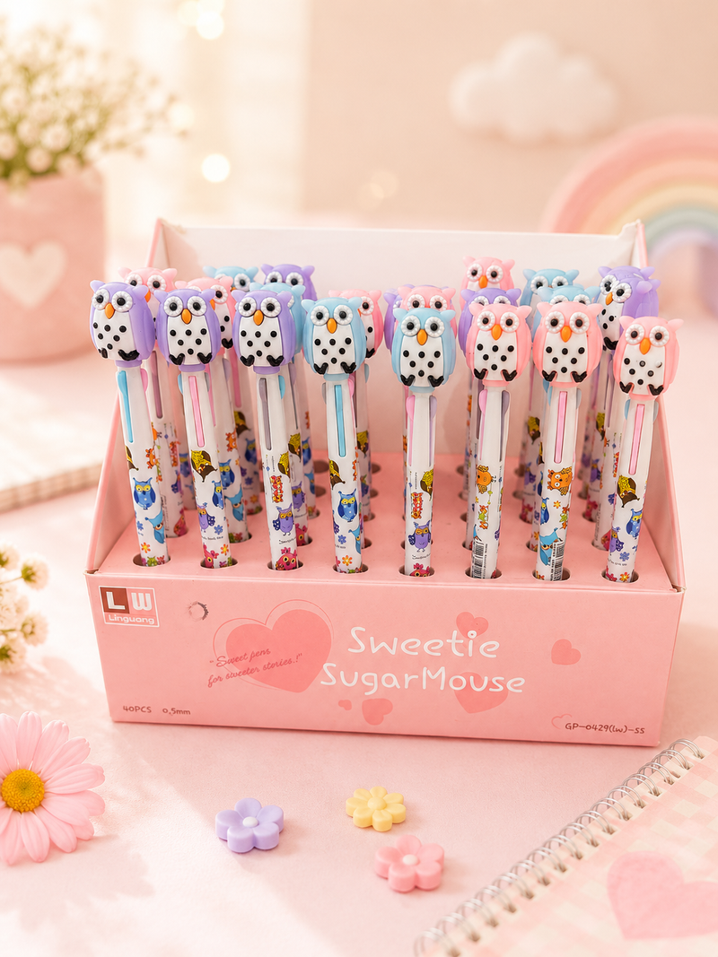 Cute Multicolor Ball Pen for Kids | Cartoon Owl Retractable Pen | School Stationery Gift