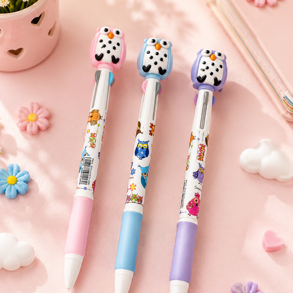 Cute Multicolor Ball Pen for Kids | Cartoon Owl Retractable Pen | School Stationery Gift