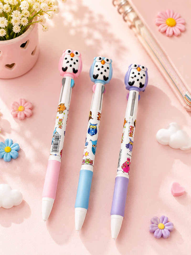 Cute Multicolor Ball Pen for Kids | Cartoon Owl Retractable Pen | School Stationery Gift