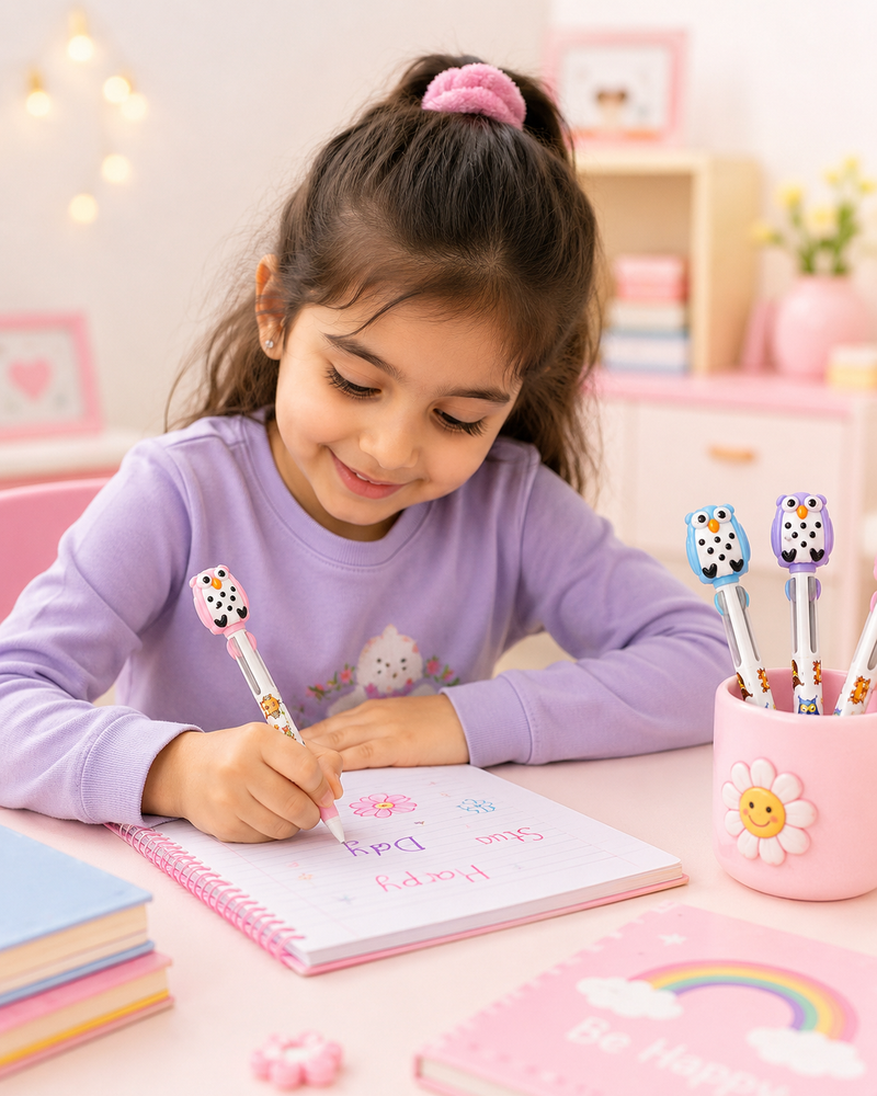 Cute Multicolor Ball Pen for Kids | Cartoon Owl Retractable Pen | School Stationery Gift