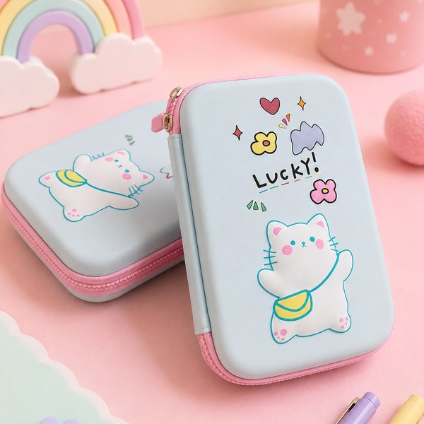 Cute Cat EVA Hard Shell Pencil Case | Large Capacity Double Zipper Pencil Box for Kids | School Stationery Organizer