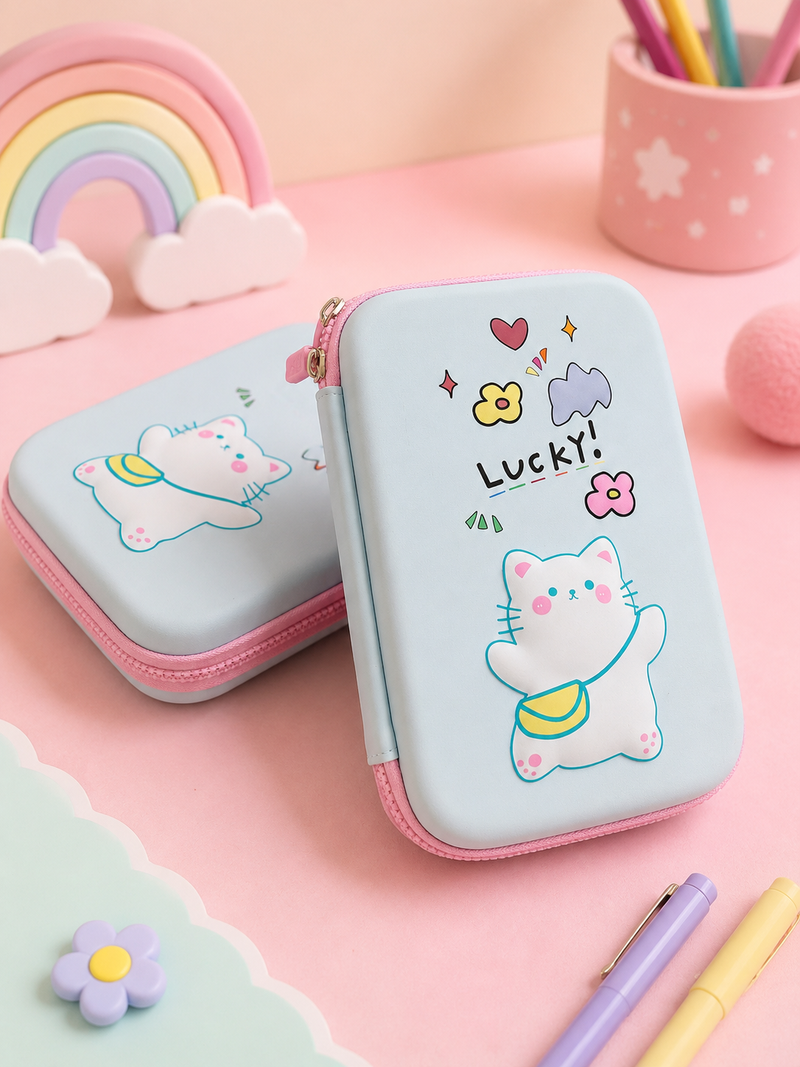 Cute Cat EVA Hard Shell Pencil Case | Large Capacity Double Zipper Pencil Box for Kids | School Stationery Organizer