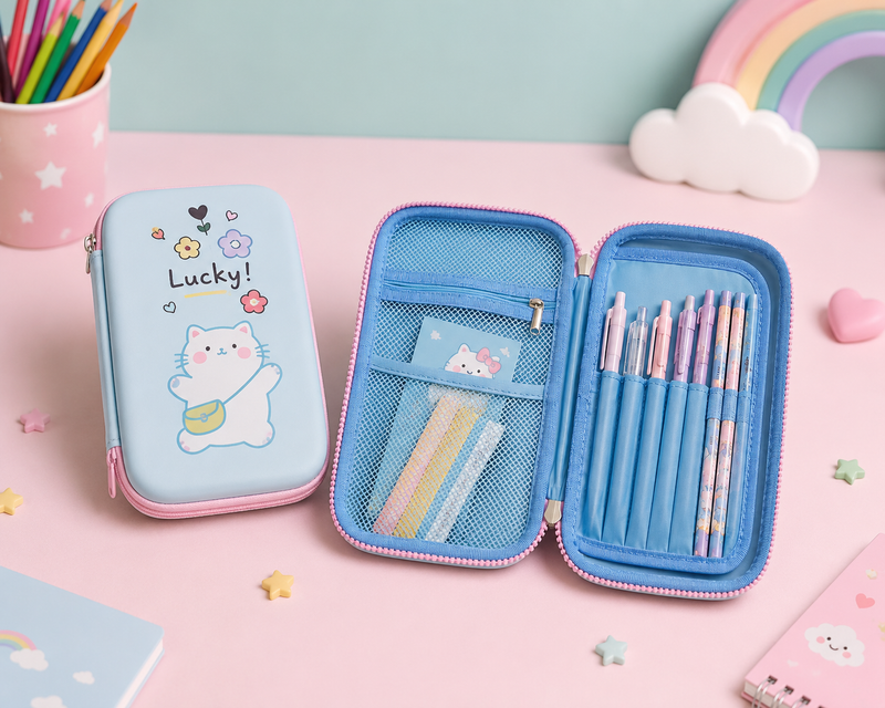 Cute Cat EVA Hard Shell Pencil Case | Large Capacity Double Zipper Pencil Box for Kids | School Stationery Organizer