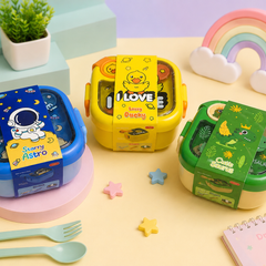 Kids Stainless Steel Lunch Box with Spoon & Fork | Leakproof Bento Lunch Box for School | Space, Duck & Dinosaur Design | Blue, Yellow & Green Color
