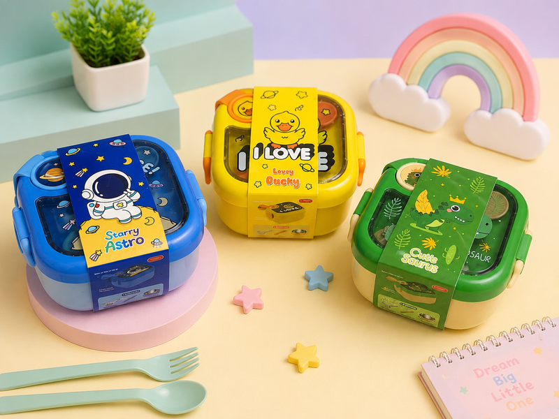 Kids Stainless Steel Lunch Box with Spoon & Fork | Leakproof Bento Lunch Box for School | Space, Duck & Dinosaur Design | Blue, Yellow & Green Color