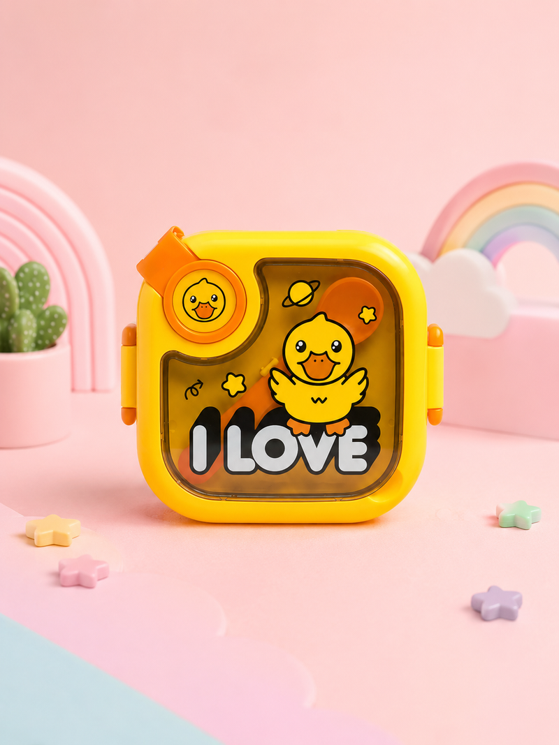 Kids Stainless Steel Lunch Box with Spoon & Fork | Leakproof Bento Lunch Box for School | Space, Duck & Dinosaur Design | Blue, Yellow & Green Color