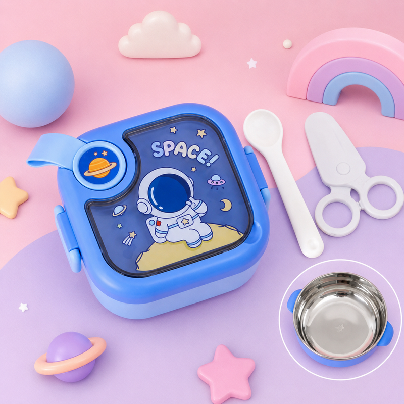 Kids Stainless Steel Lunch Box with Spoon & Fork | Leakproof Bento Lunch Box for School | Space, Duck & Dinosaur Design | Blue, Yellow & Green Color