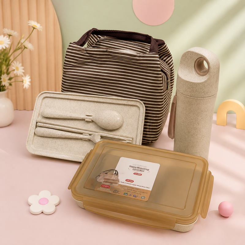 Eco-Friendly Wheat Straw Lunch Set with Lunch Bag & Water Bottle | BPA-Free Reusable Lunch Box Set for School, Office & Travel