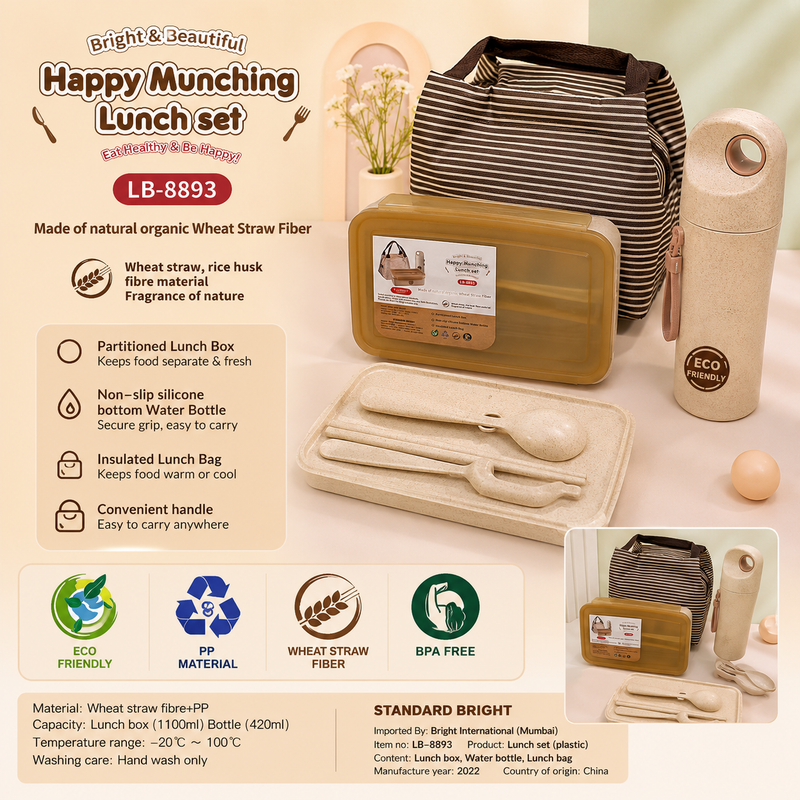 Eco-Friendly Wheat Straw Lunch Set with Lunch Bag & Water Bottle | BPA-Free Reusable Lunch Box Set for School, Office & Travel