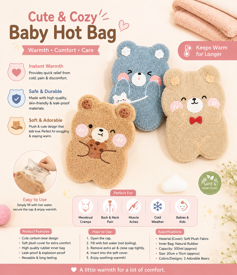 Cute Cartoon Baby Hot Water Bag with Soft Plush Cover | Leak-Proof Rubber Hot Water Bottle | 500ml Warm Compress for Kids & Adults