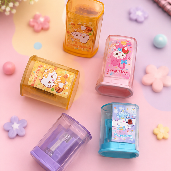 Cute Cartoon Pencil Sharpener with Shavings Container | Manual School Sharpener for Kids | Leak-Free Dust Collector | Cute Stationery Gift