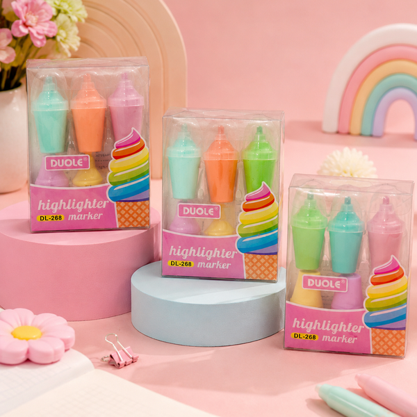 Cute Ice Cream Shape Highlighter Marker Set | Pastel Mini Highlighters for Kids | Kawaii Study Stationery