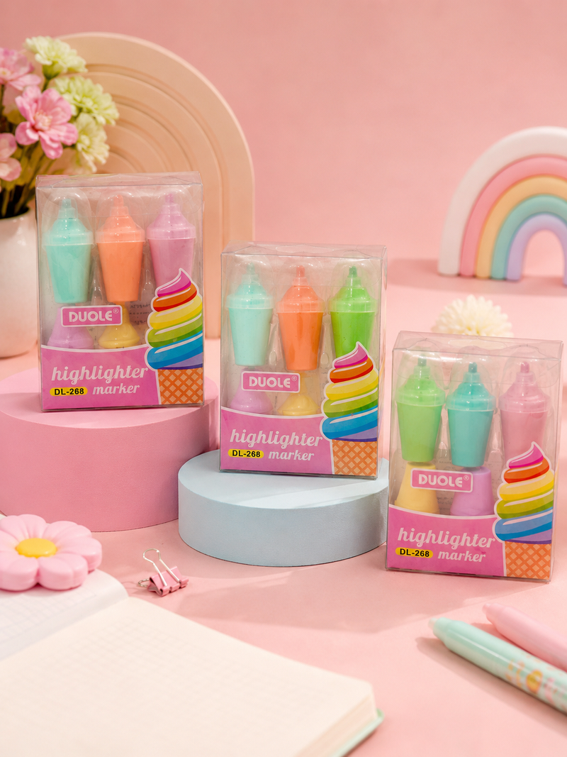 Cute Ice Cream Shape Highlighter Marker Set | Pastel Mini Highlighters for Kids | Kawaii Study Stationery