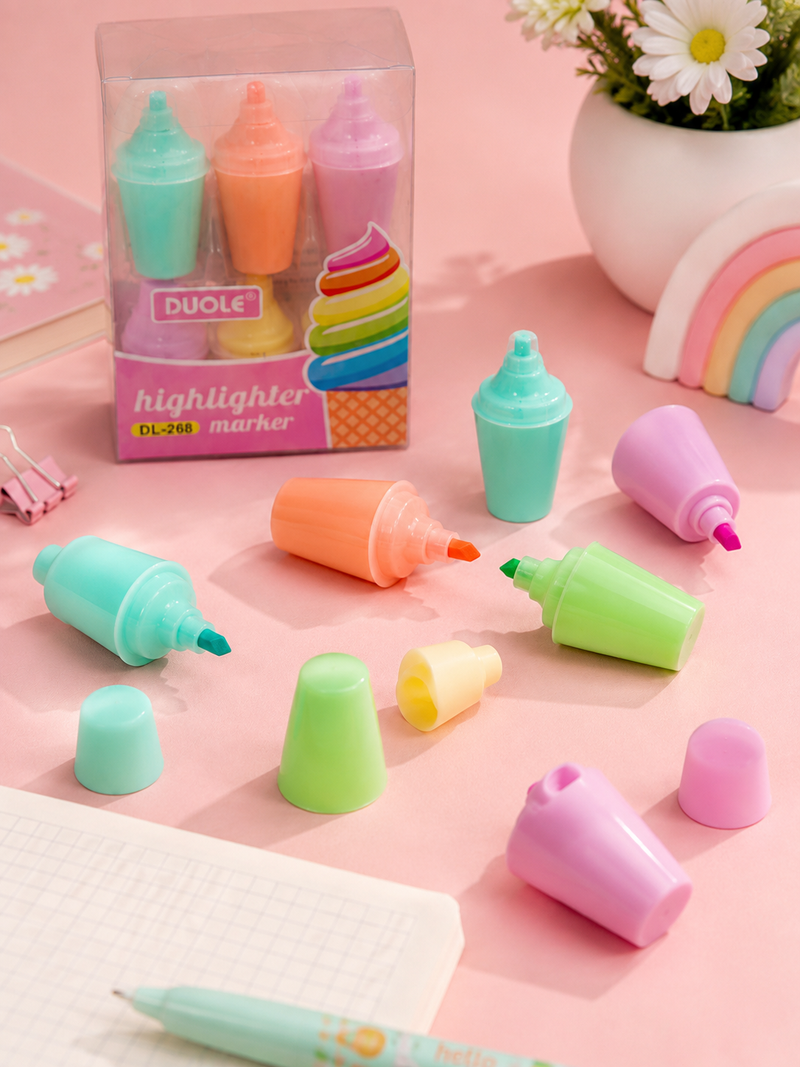Cute Ice Cream Shape Highlighter Marker Set | Pastel Mini Highlighters for Kids | Kawaii Study Stationery