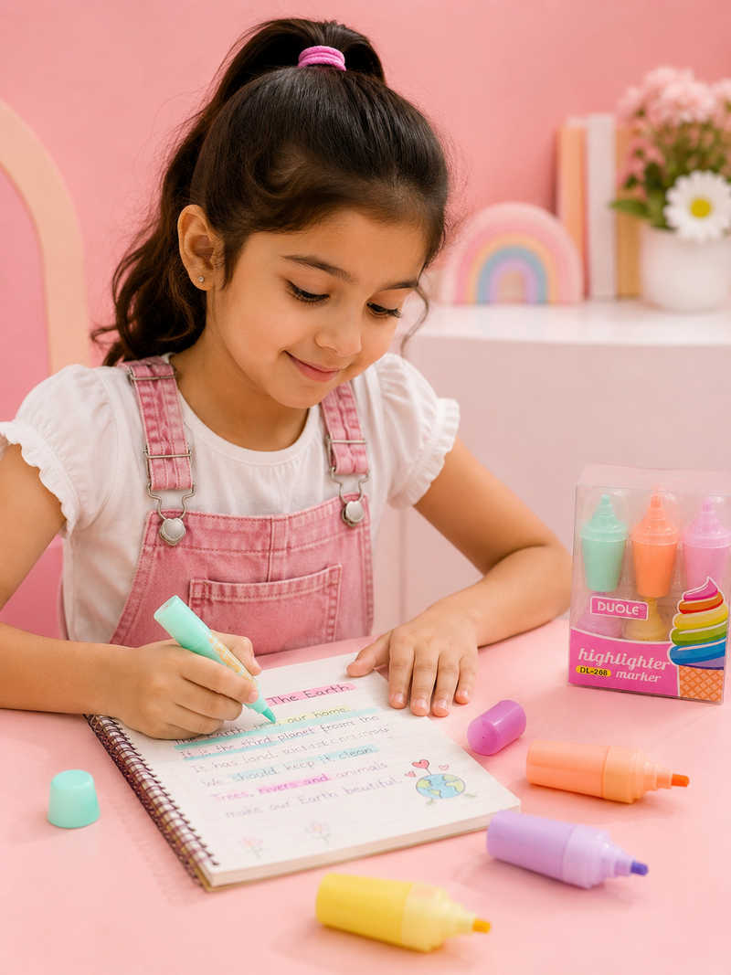 Cute Ice Cream Shape Highlighter Marker Set | Pastel Mini Highlighters for Kids | Kawaii Study Stationery