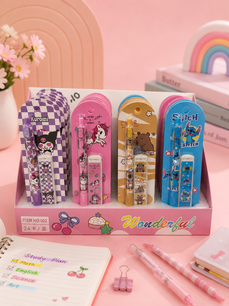 Cute Cartoon 0.5mm Mechanical Pencil with Lead Box | Kawaii Pencil Set for Kids | School Stationery