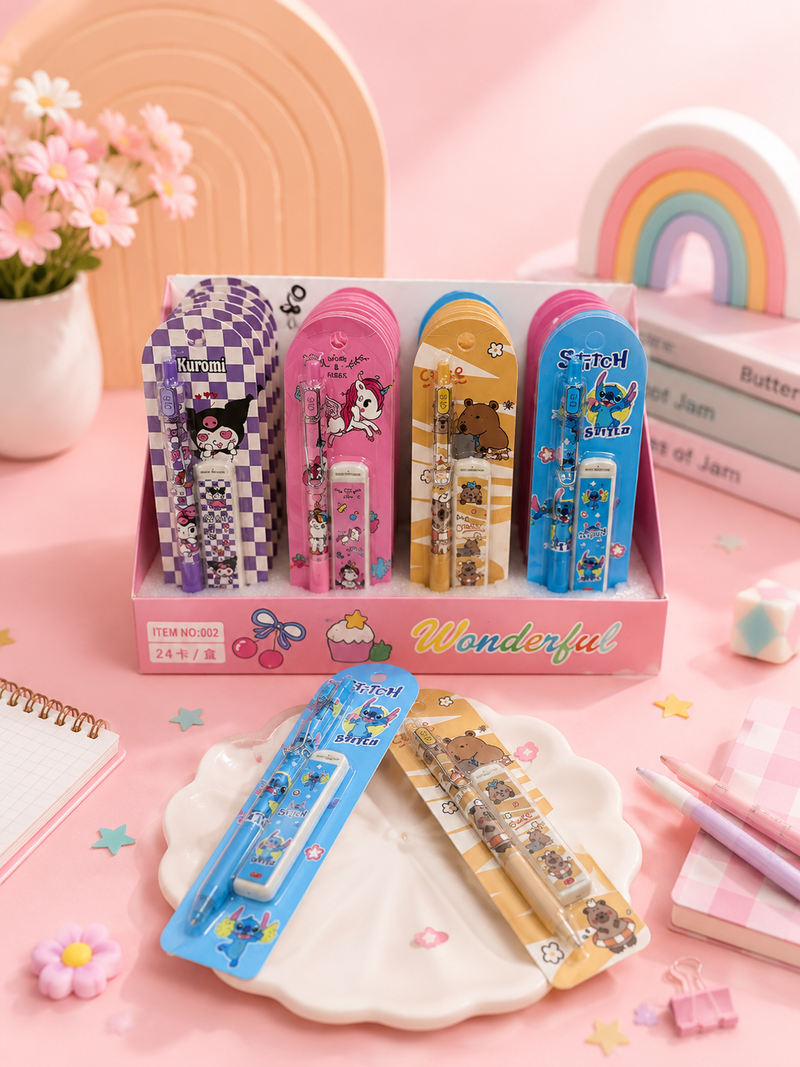 Cute Cartoon 0.5mm Mechanical Pencil with Lead Box | Kawaii Pencil Set for Kids | School Stationery