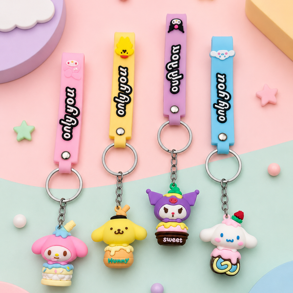 Cute Cartoon Silicone Character Keychain with Wrist Strap | Kawaii Bag Charm | Soft Rubber Key Ring for Kids & Girls