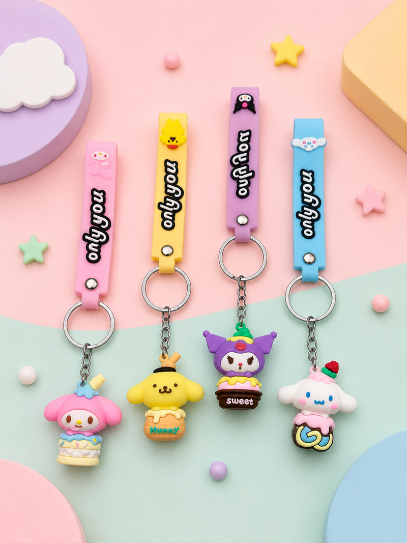Cute Cartoon Silicone Character Keychain with Wrist Strap | Kawaii Bag Charm | Soft Rubber Key Ring for Kids & Girls