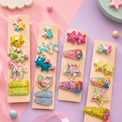 Cute Cartoon Glitter Hair Clips Set for Girls | Colorful Star & Princess Snap Hair Pins | Kids Hair Accessories (Pack of 5 Cards)