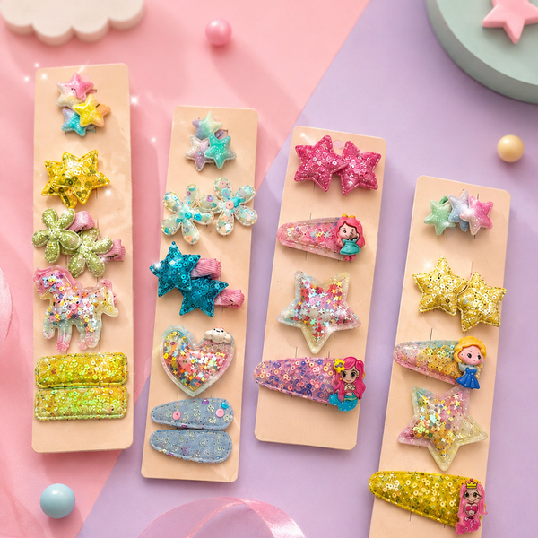Cute Cartoon Glitter Hair Clips Set for Girls | Colorful Star & Princess Snap Hair Pins | Kids Hair Accessories (Pack of 5 Cards)