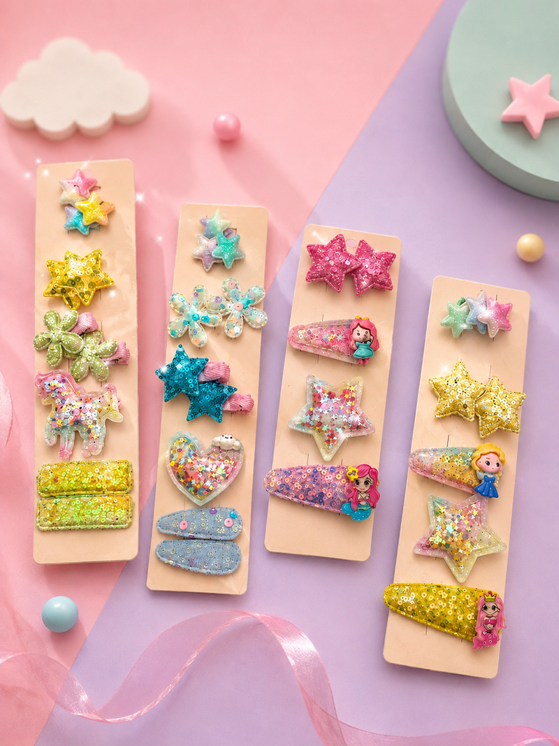 Cute Cartoon Glitter Hair Clips Set for Girls | Colorful Star & Princess Snap Hair Pins | Kids Hair Accessories (Pack of 5 Cards)