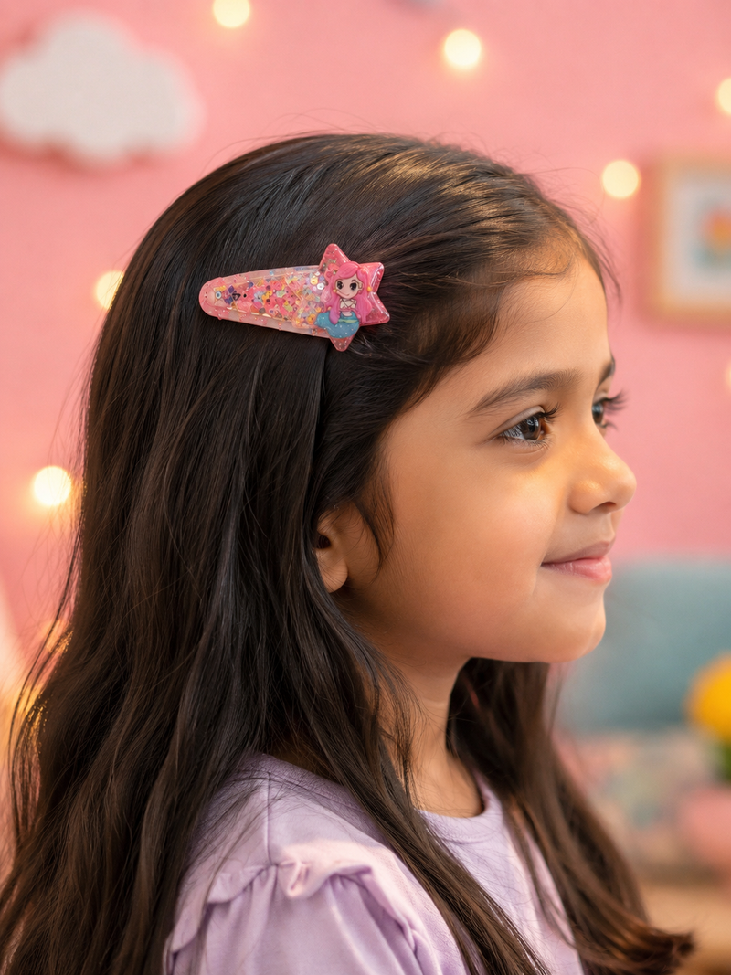 Cute Cartoon Glitter Hair Clips Set for Girls | Colorful Star & Princess Snap Hair Pins | Kids Hair Accessories (Pack of 5 Cards)