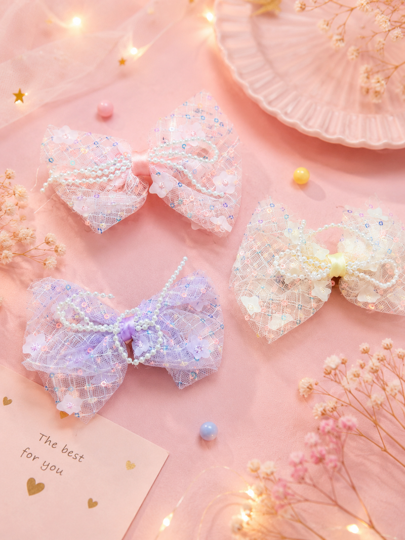 Premium Pearl Lace Bow Hair Clip for Girls | Elegant Net Bow Hair Accessory | Cute Princess Hair Bow Clip