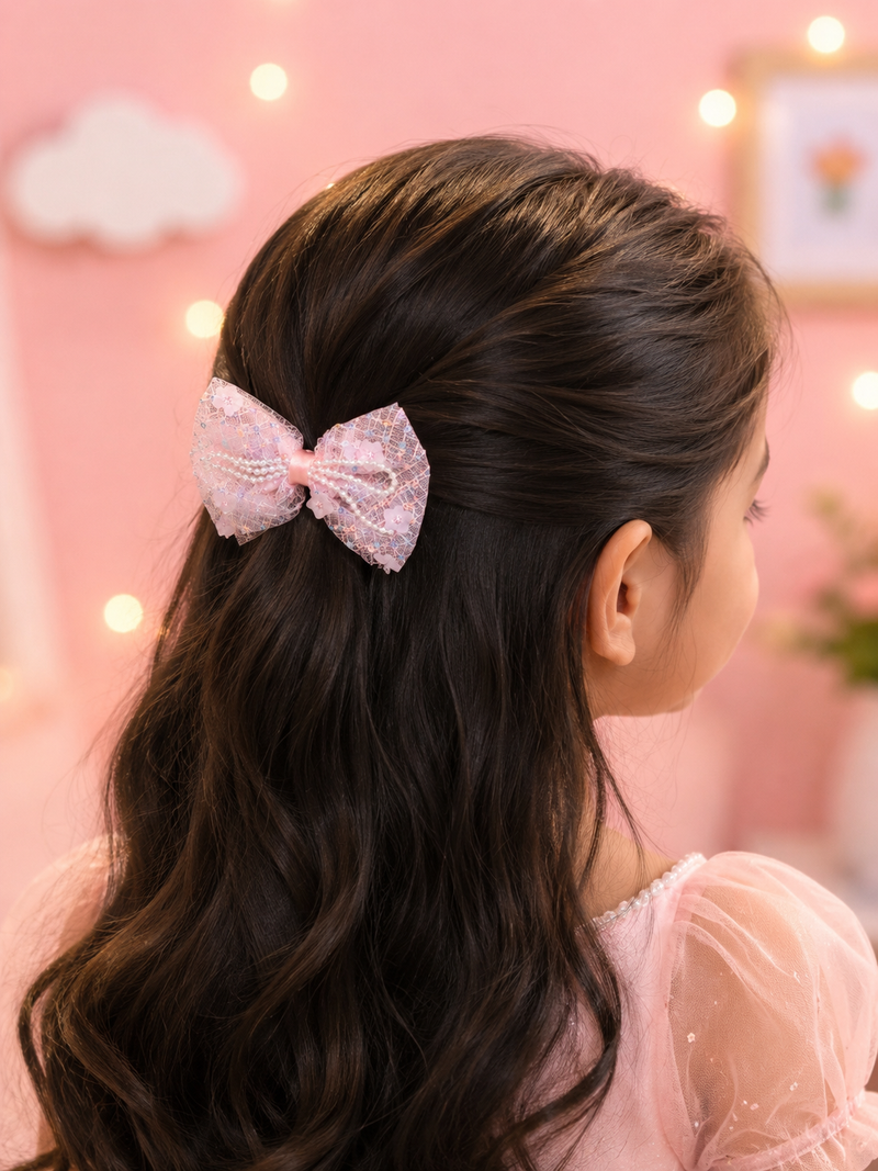 Premium Pearl Lace Bow Hair Clip for Girls | Elegant Net Bow Hair Accessory | Cute Princess Hair Bow Clip