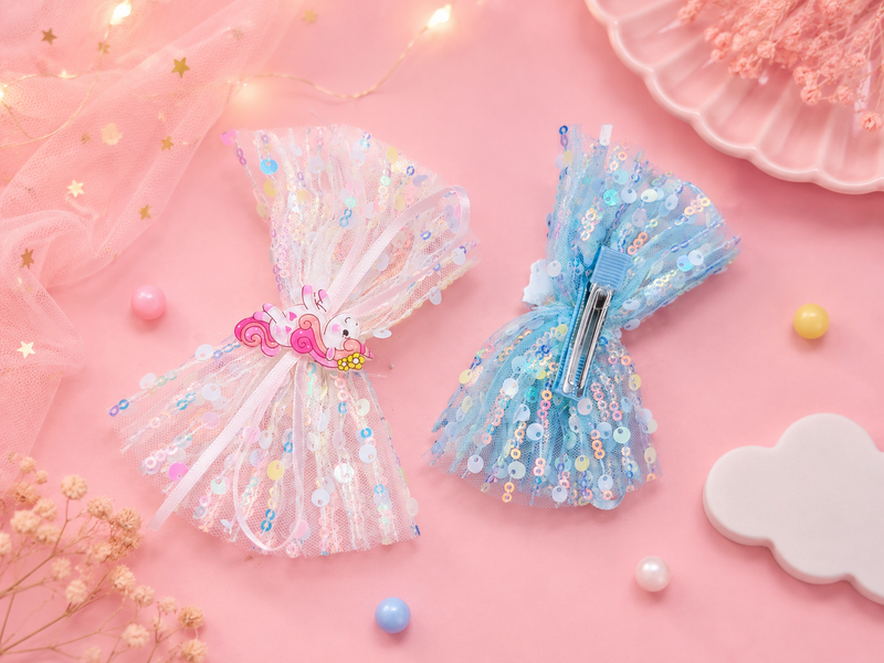 Cute Unicorn Sequin Bow Hair Clip for Girls | Sparkly Mesh Hair Bow | Kids Party Hair Accessory | Alligator Hair Clip