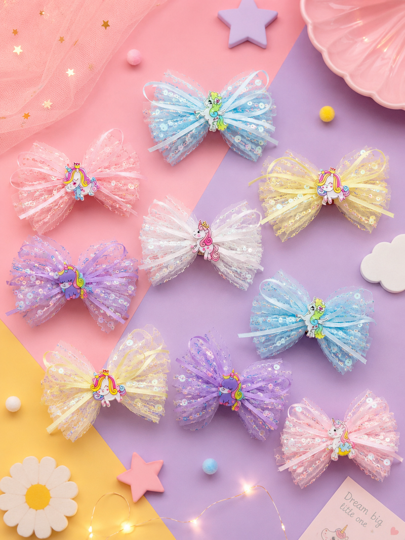 Cute Unicorn Sequin Bow Hair Clip for Girls | Sparkly Mesh Hair Bow | Kids Party Hair Accessory | Alligator Hair Clip
